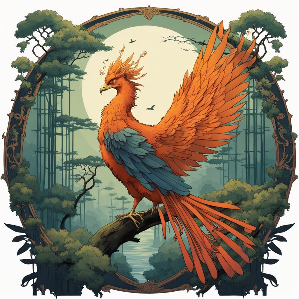Phoenix Perched Atop Ancient Pagoda in Misty Forest