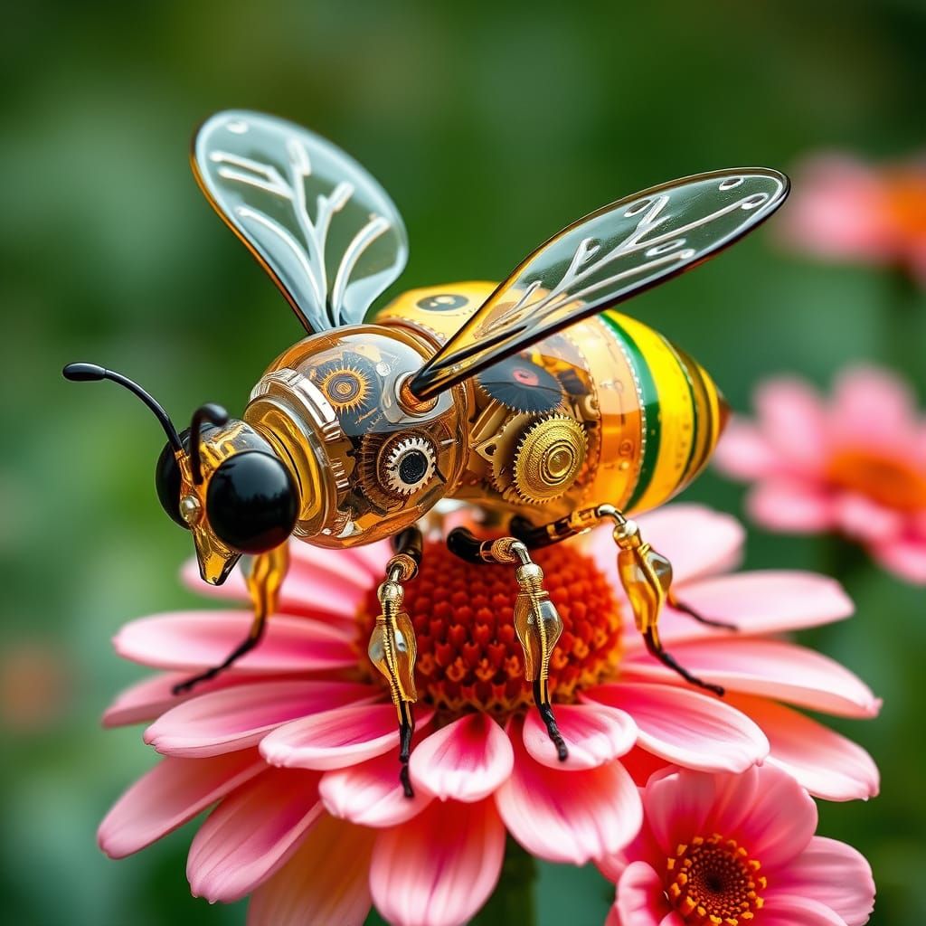 Glass Robot Bee Amidst Blooming Flower