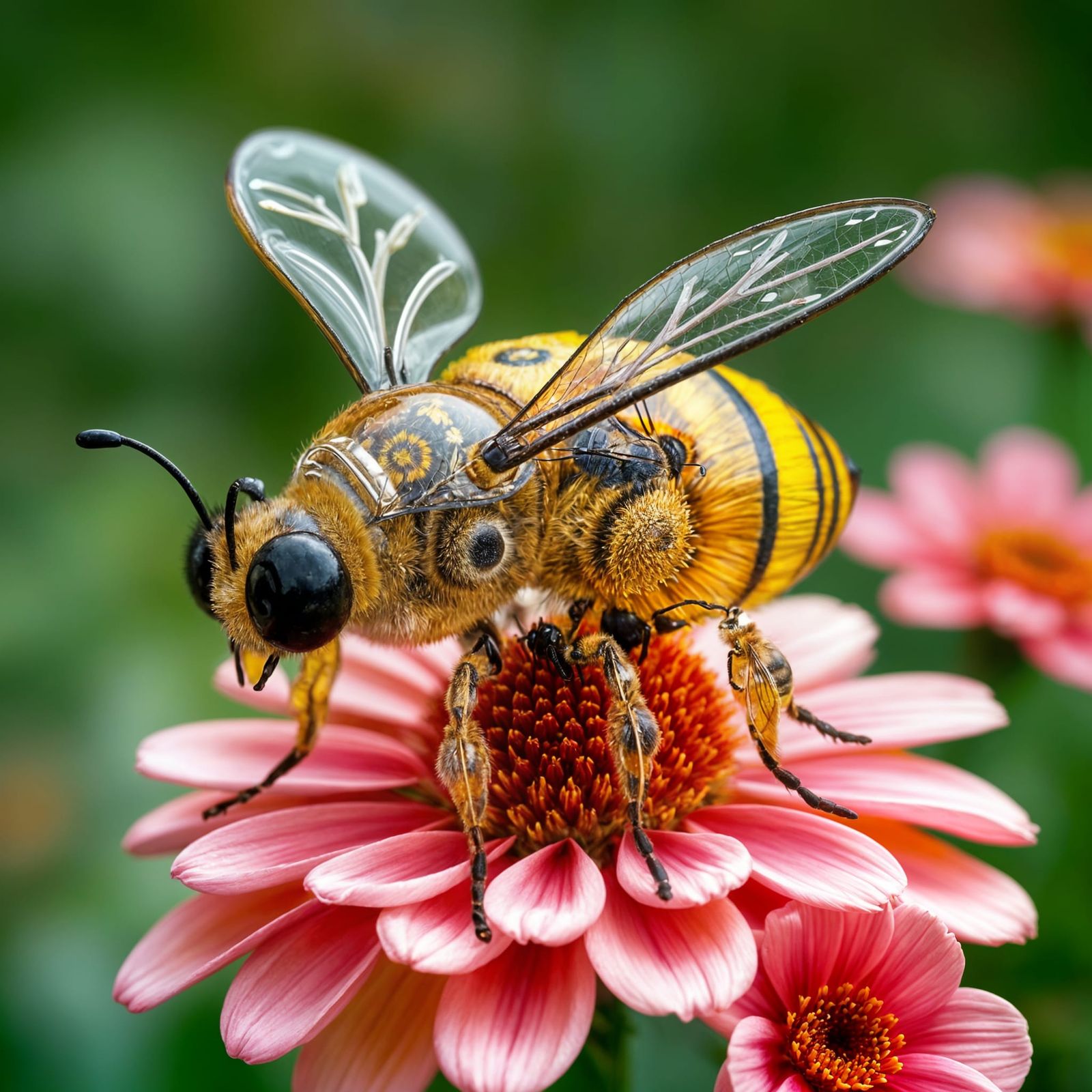 Detailed Glass Robot Bee on Realistic Flower