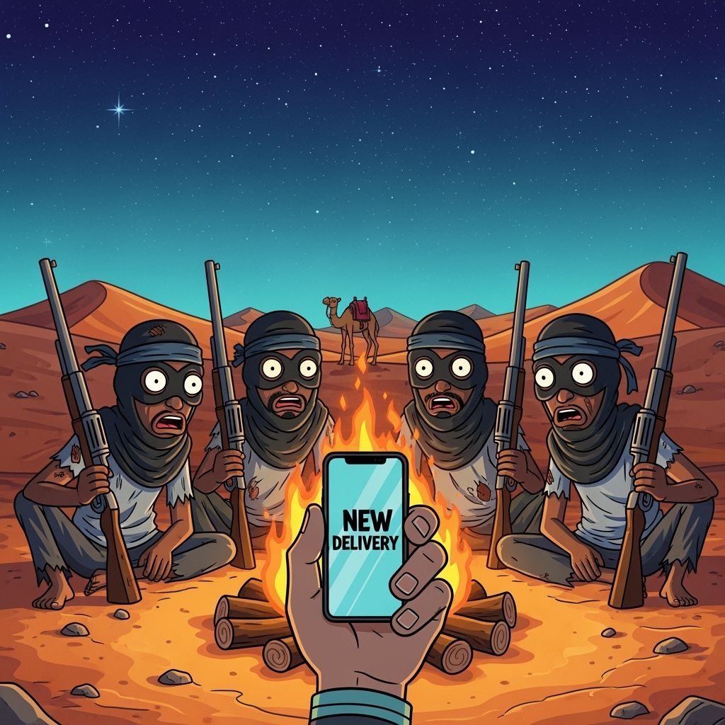 African Bandits Around Campfire in Rick and Morty Style