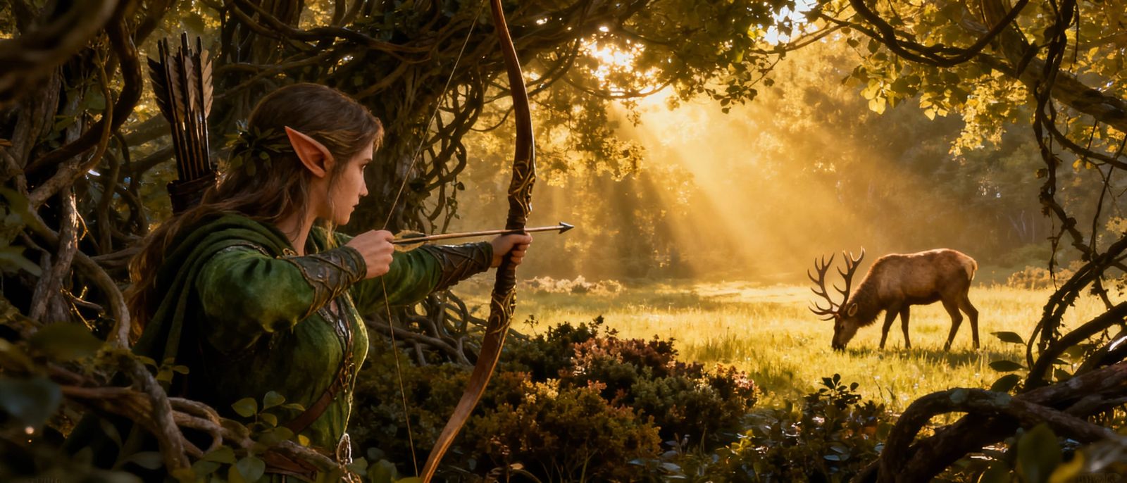 Elf Archer Aims at Majestic Elk in Sunlit Forest