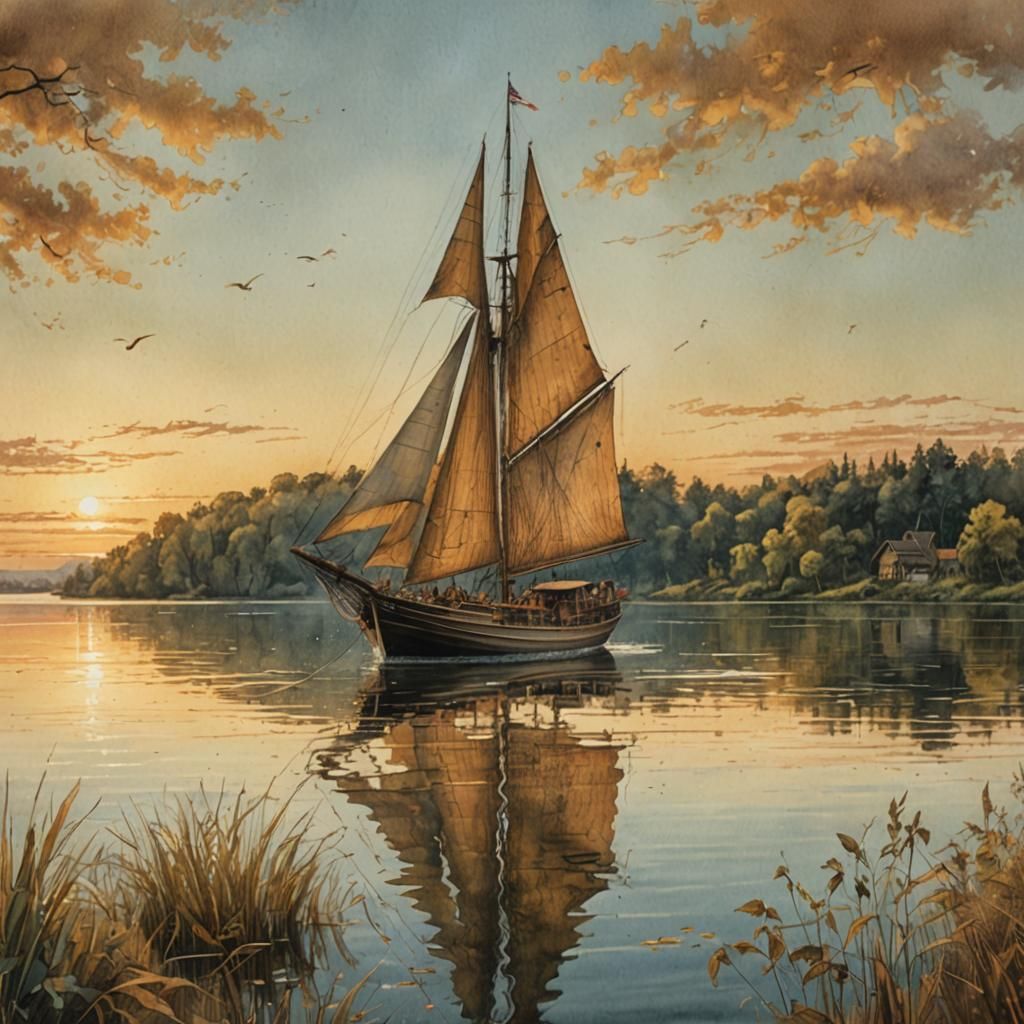 Schooner on Lake at Golden Hour: Honeypunk Style