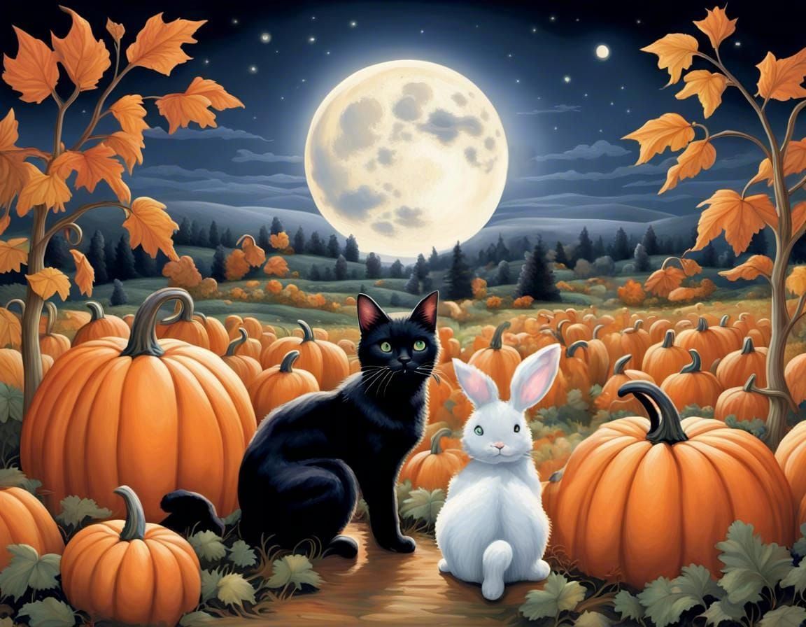 Enchanting Midnight Pumpkin Patch with Cat and Bunny