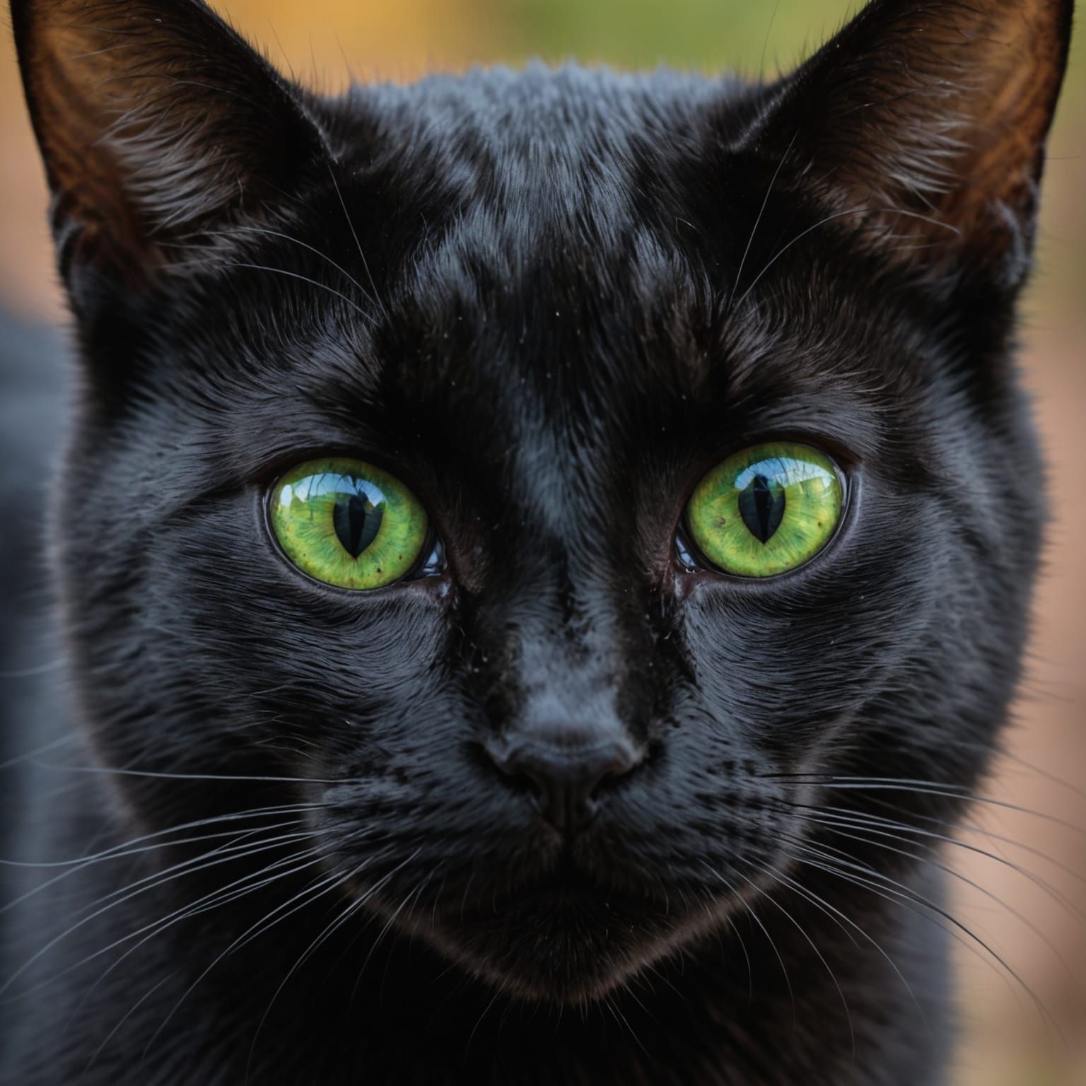 Black Cat's Green Eyes Reflecting Mouse