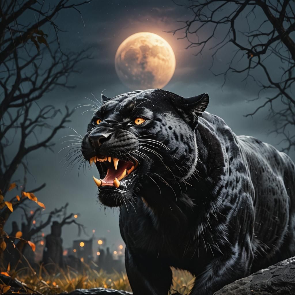 Fierce Black Panther Growling Under Full Moon