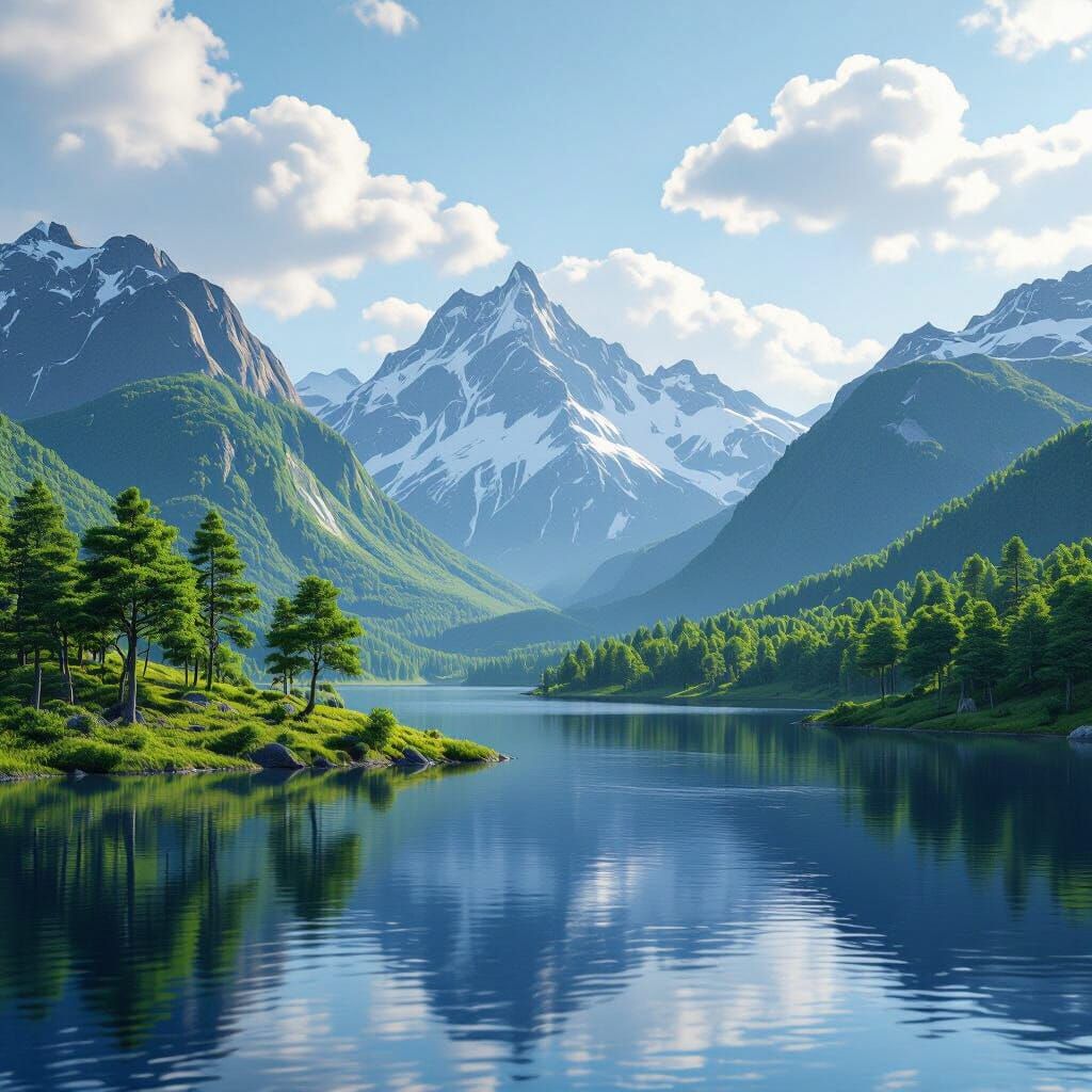 Lush 3D Landscape with Mountains and Lake