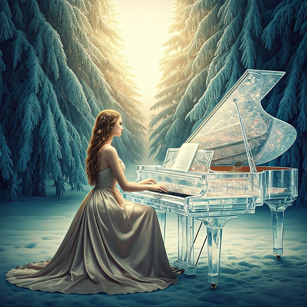 Ethereal Woman at Crystal Piano in Snowy Forest