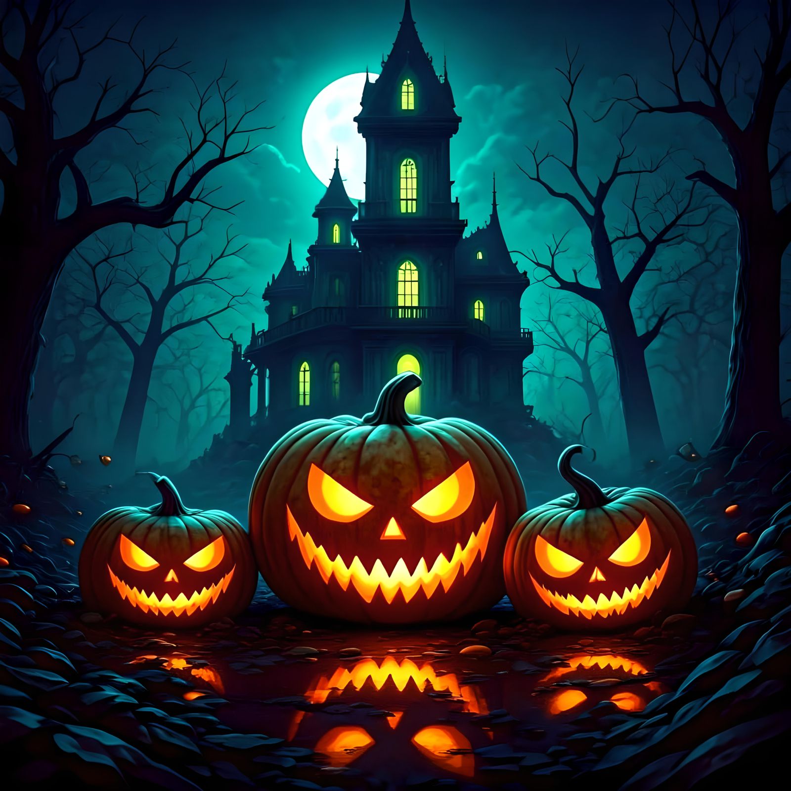 Haunted Mansion with Scary Jack-o'-lanterns: 3D Anime Art