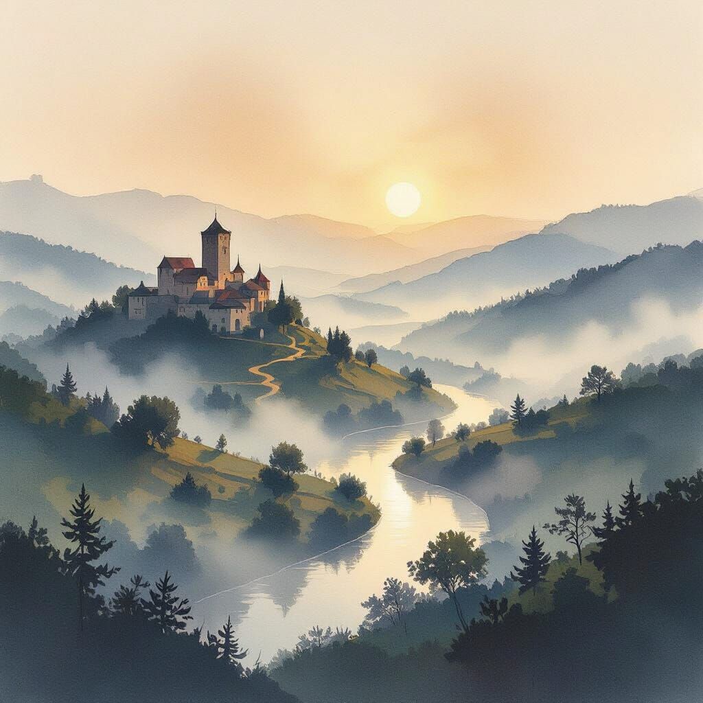 Hilltop River Vista in Minimalist Watercolor Style