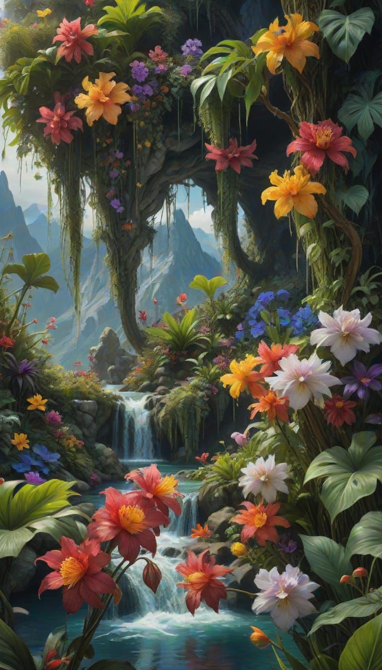 Exotic Fantasy Jungle in Dark, Photo-Realistic Style