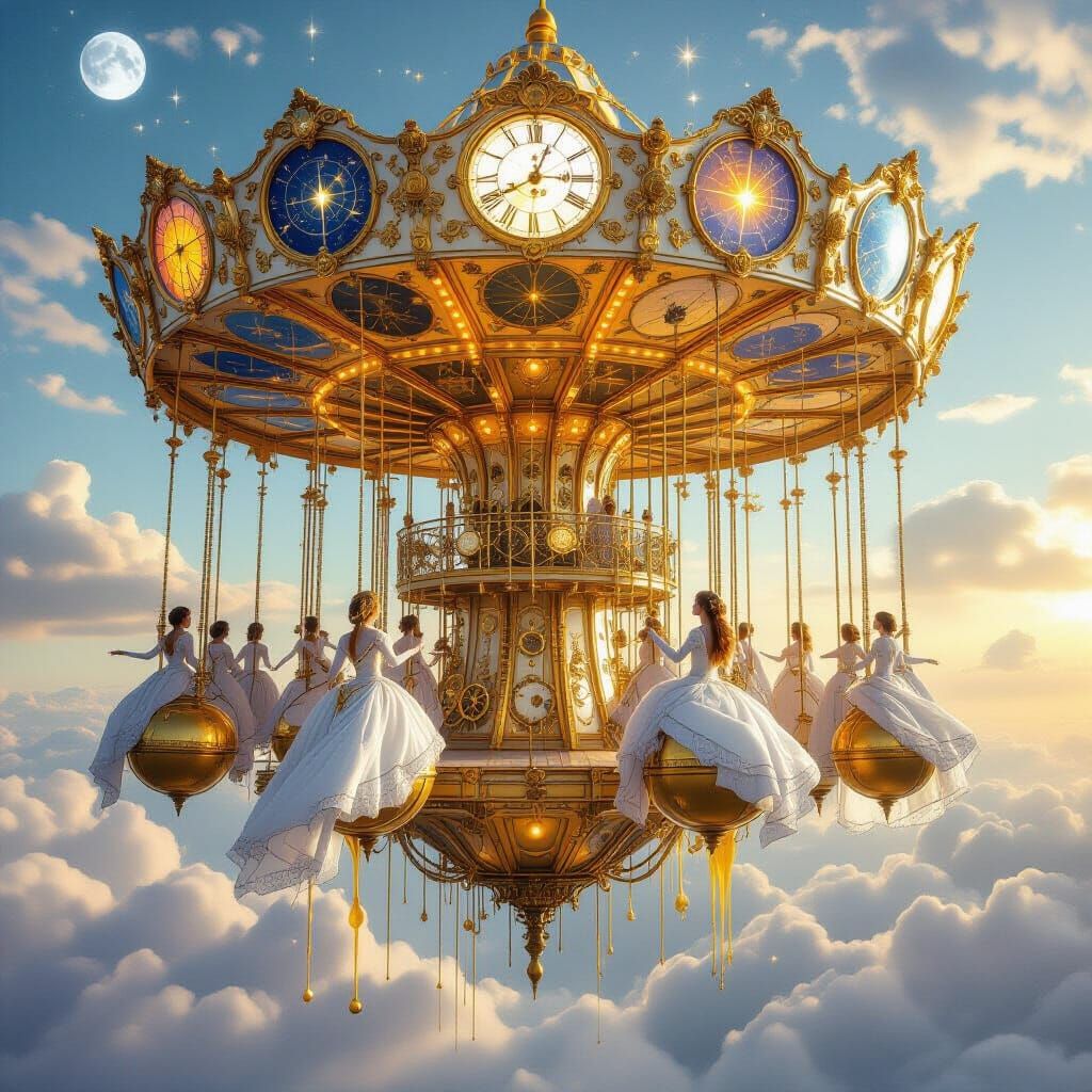 Dreamlike Celestial Carousel of Clockwork and Moons