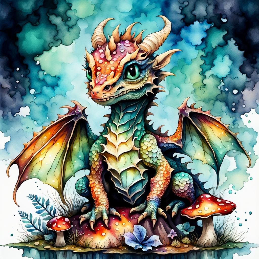Whimsical Watercolor Baby Dragon Perched on a Mushroom