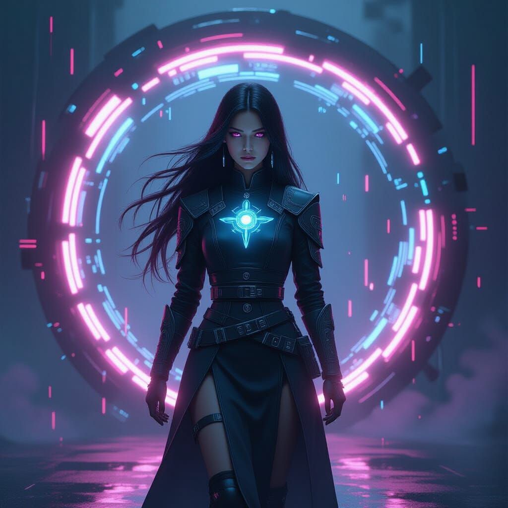 Cyberpunk Woman Emerges from Glitching Digital Portal