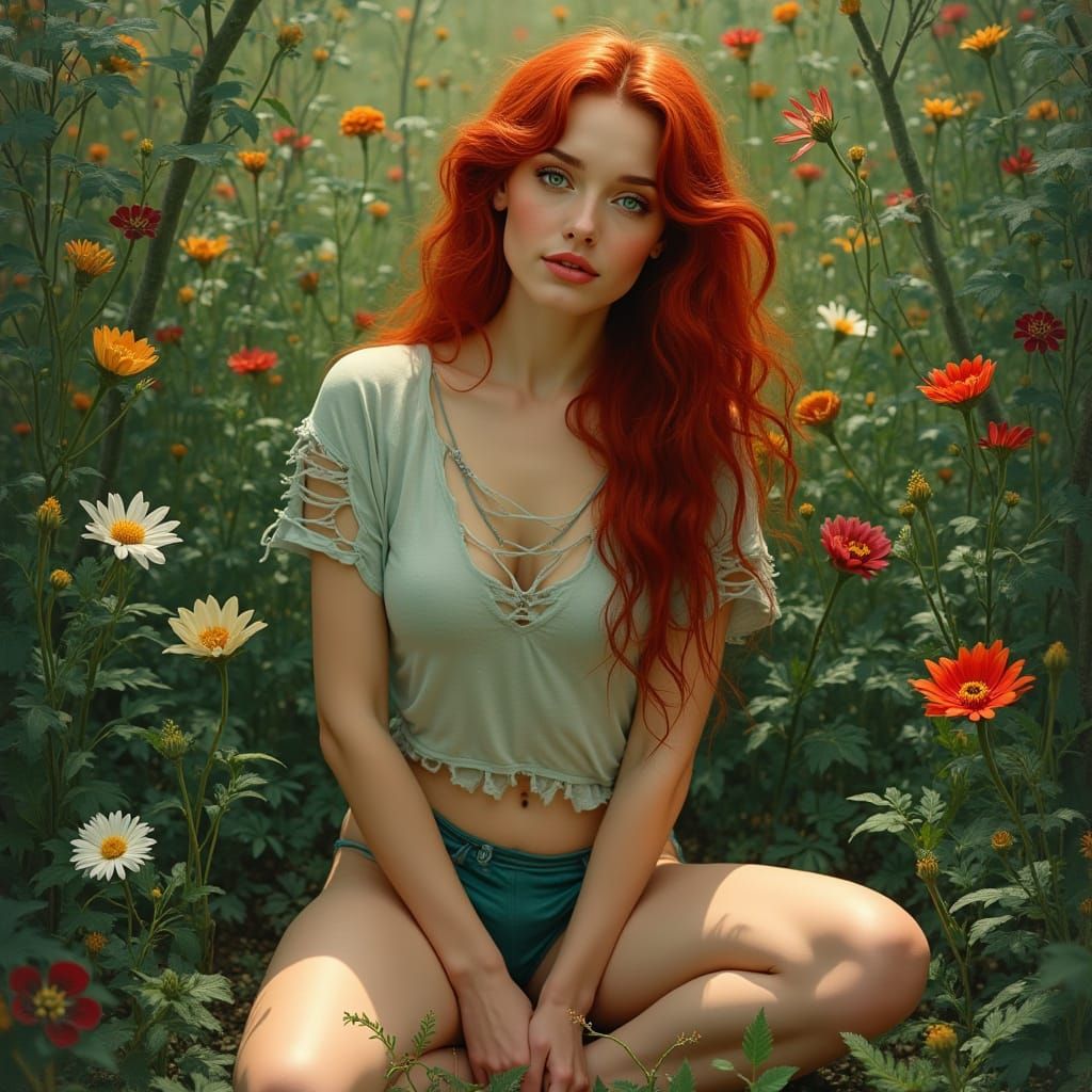 Two beautiful girls kissing  withh red fiery haired lady in her 30s, wearing teal bikini bottoms and a torn tee shirt sh...