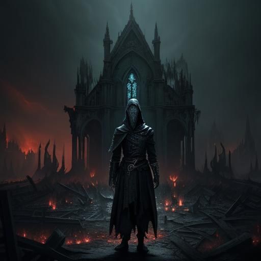 Pale Child with Flaming Hands in Dark Fantasy Ruins