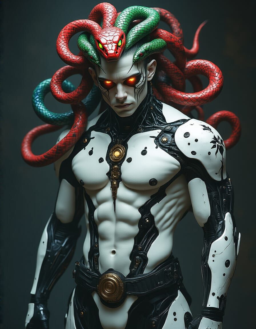 Cyborg Medusa with Cybernetic Implants and Dragon Tattoos