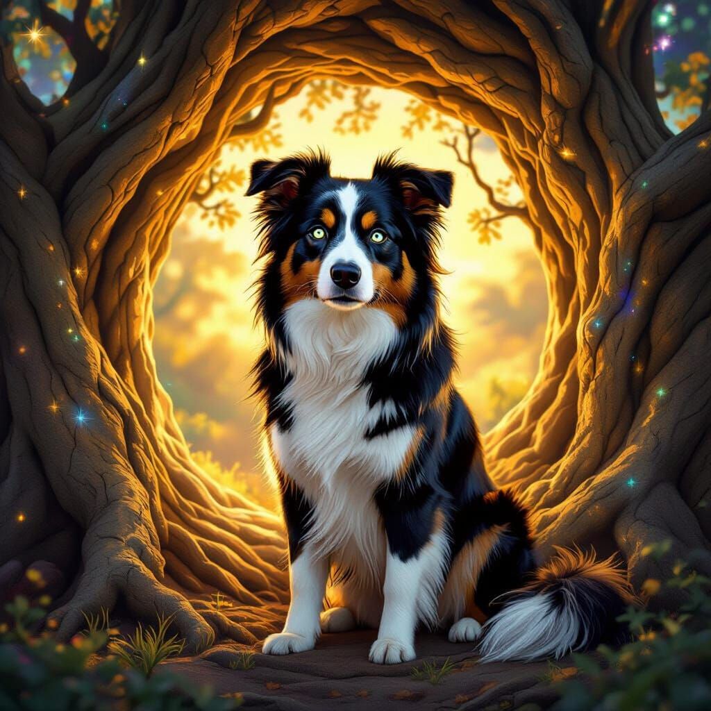 Border Collie in Golden Tree, Astral Cosmic Illustration