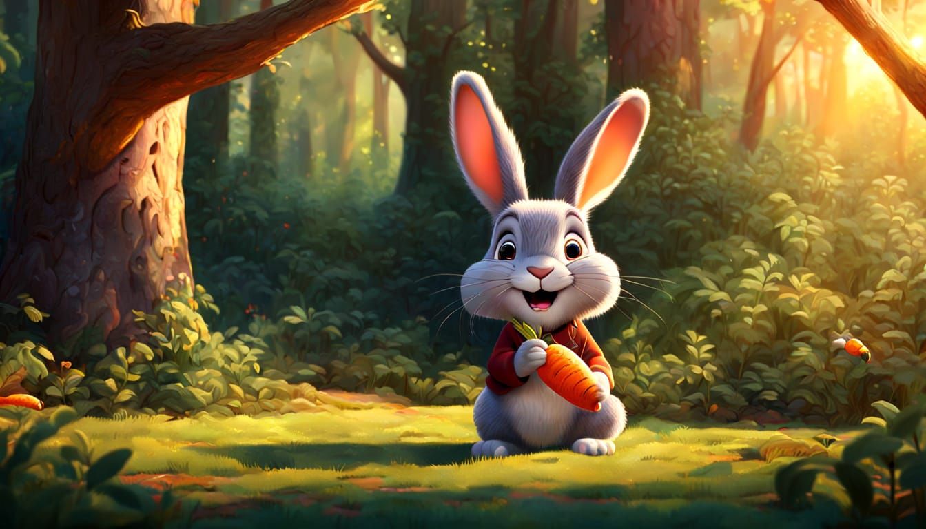 Rabbit Eating Carrot in Forest: Disney Cartoon