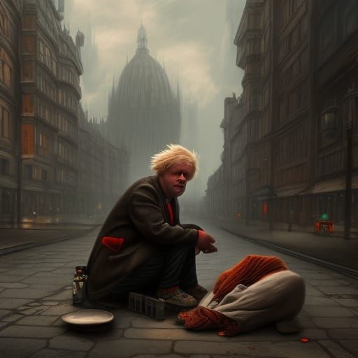 Homeless Man Begging: Detailed Matte Painting