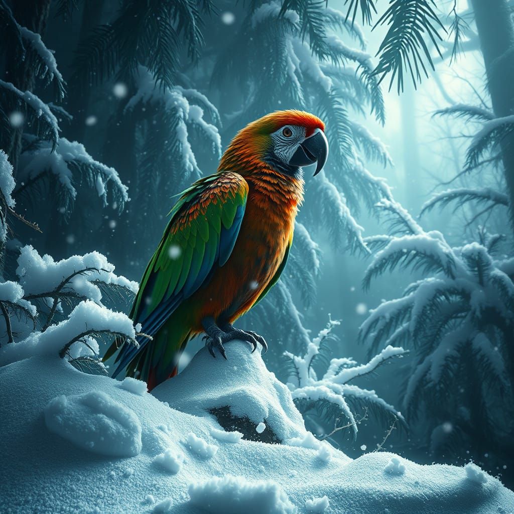 Majestic Parrot in Winter Wonderland