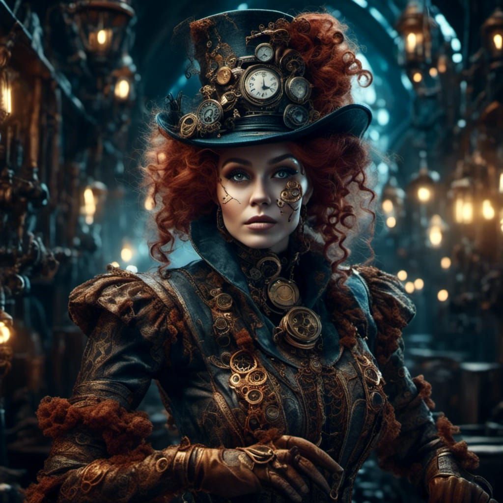 Steampunk Woman in Hyperrealistic Style with Glowing Lights