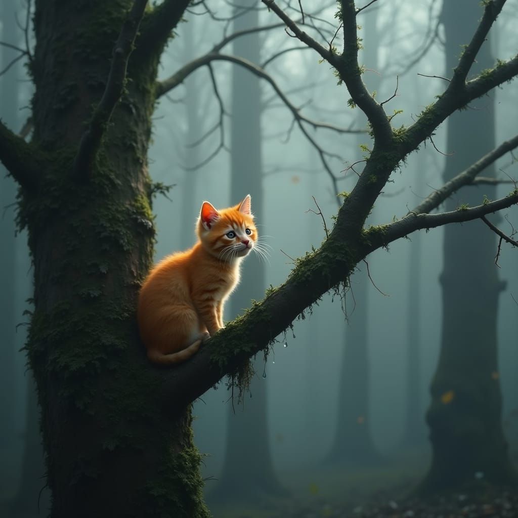 Whimsical Ginger Kitten Cathedral in a Misty Forest