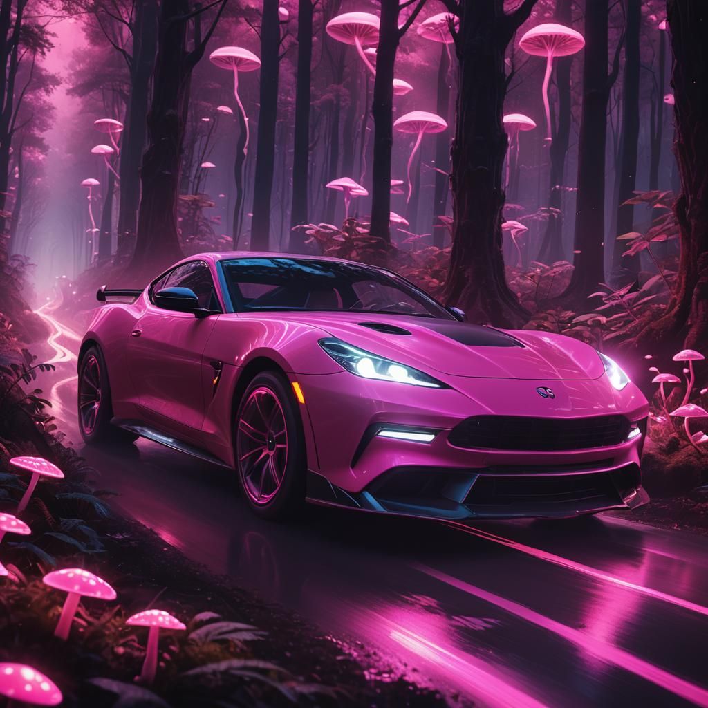 Pink Sports Car Speeding Through Mystical Forest