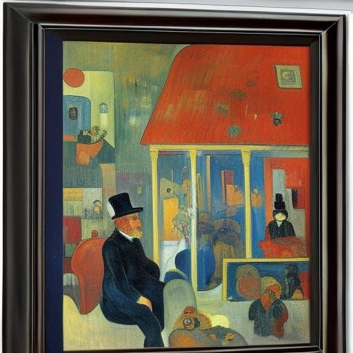 Man, Mouse, and House in Post-Impressionist Style
