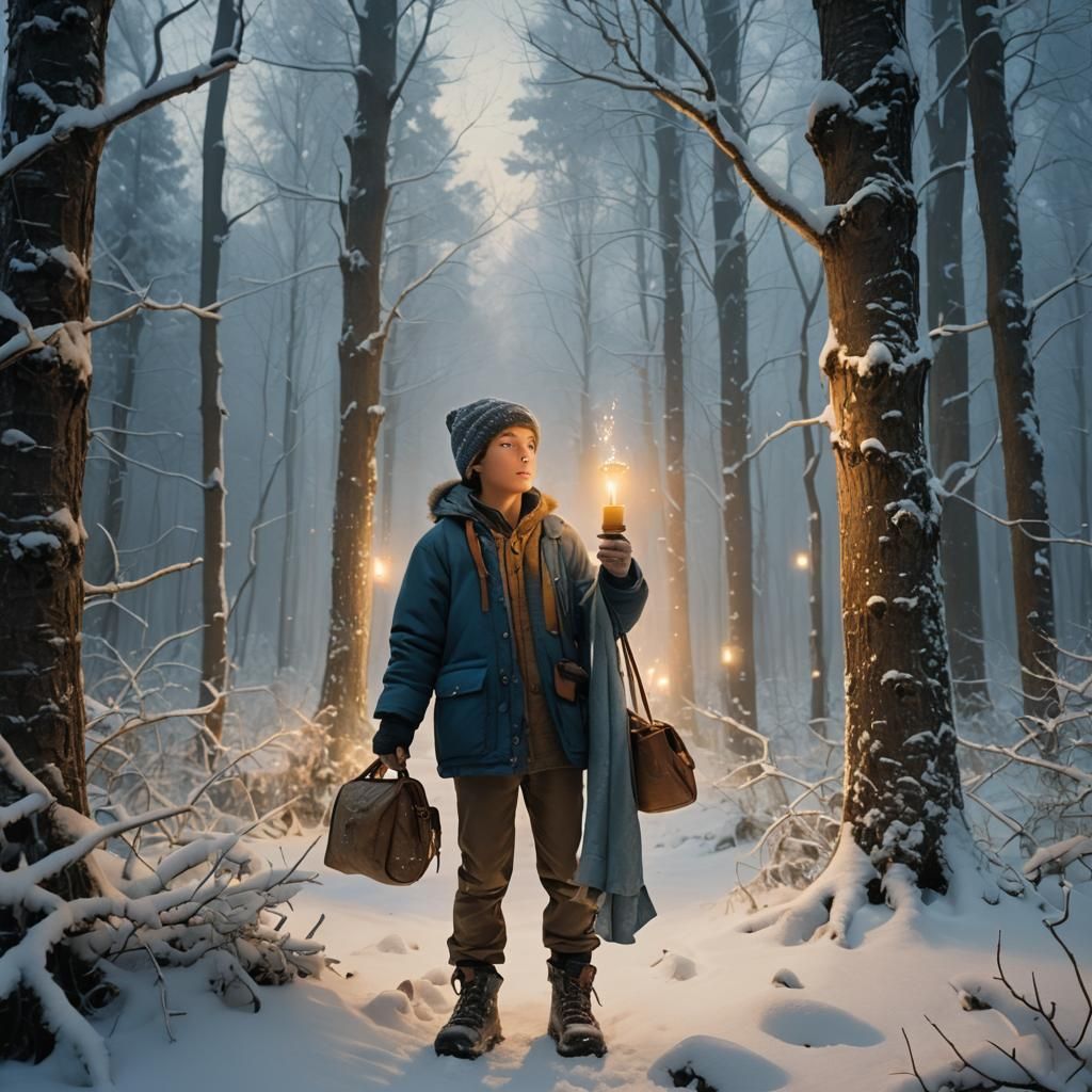 Boy with Candle in Snowy Forest, Fantasy Concept Art