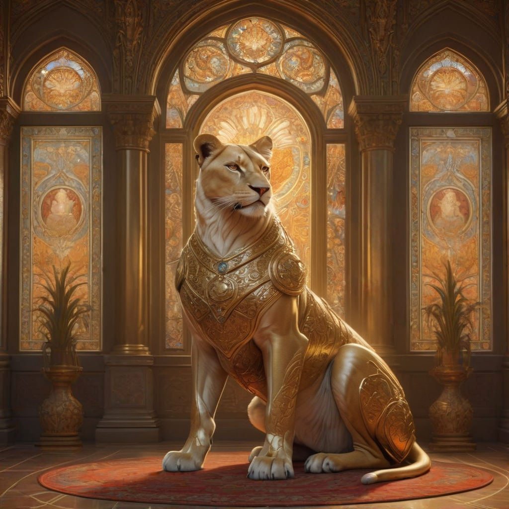 A regal lioness with intricate golden armor