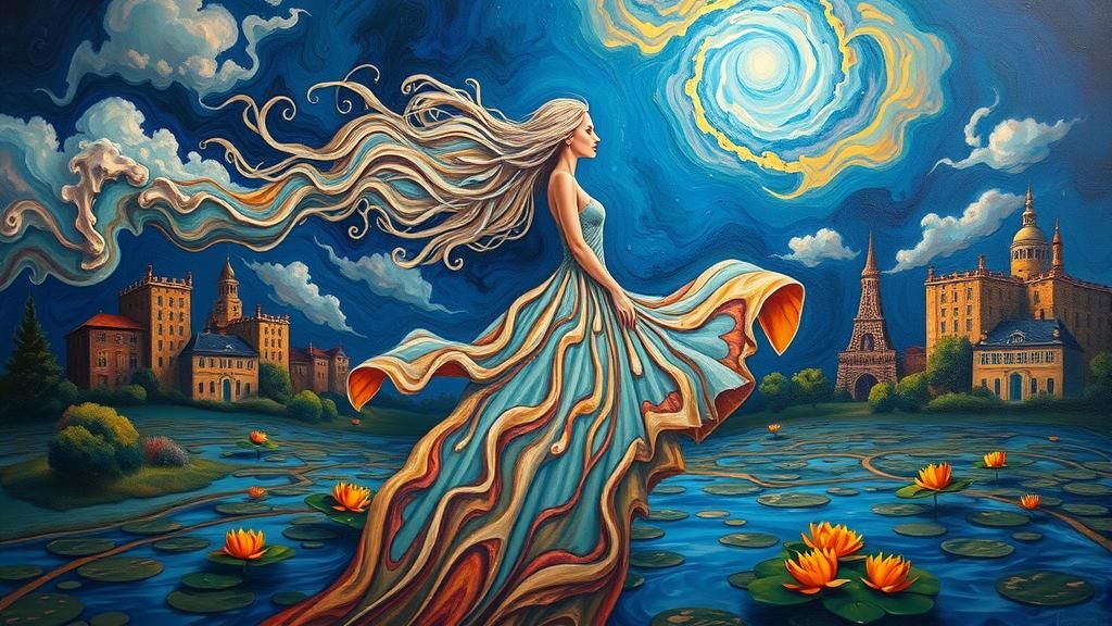 Surreal Woman in Flowing Gown Amidst Melting Dreamscape