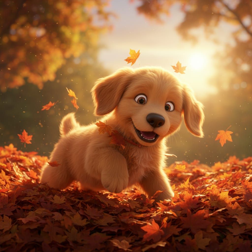 Adorable CGI Puppy Plays in Autumn Leaves