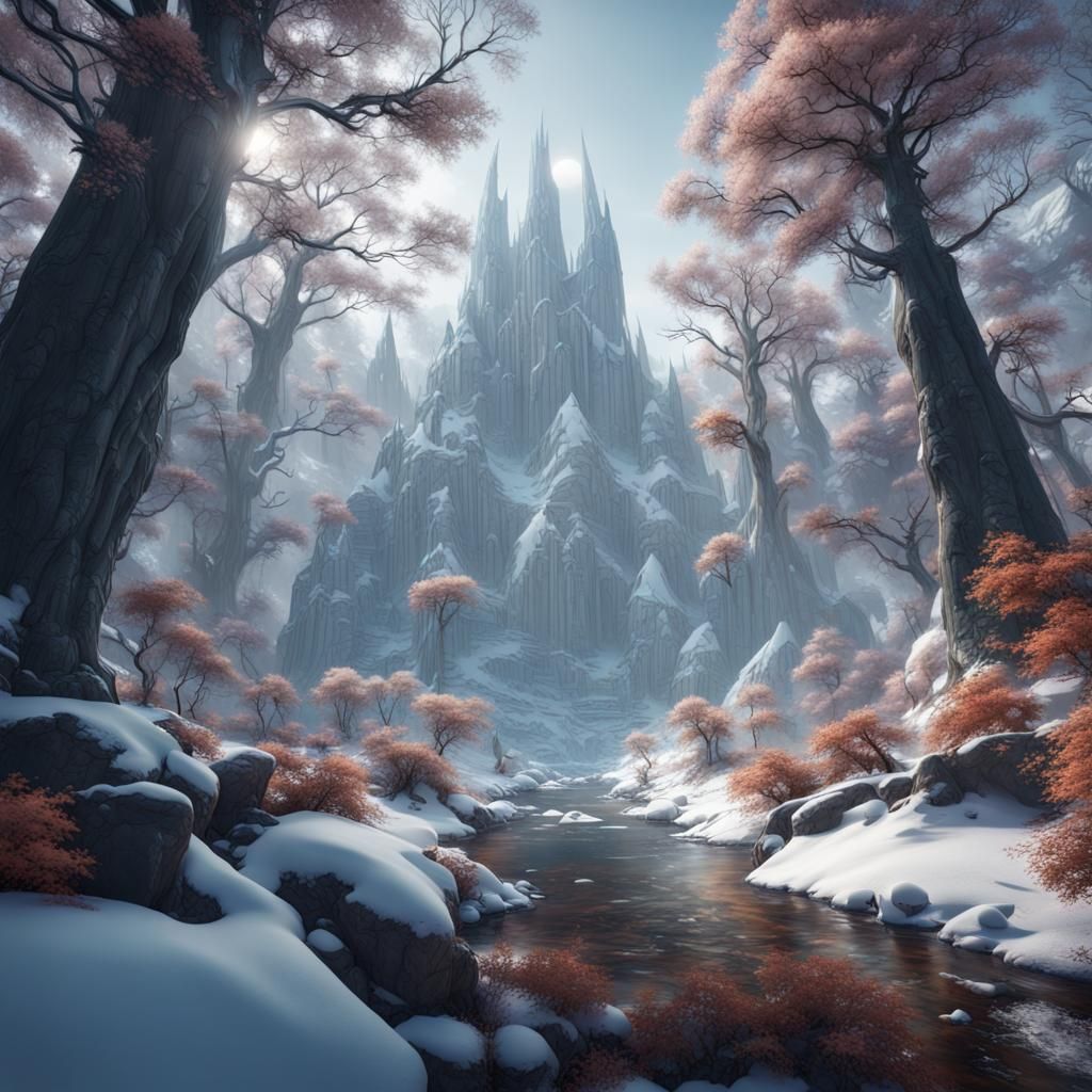 Detailed Snow Forest Matte Painting in Deep Color