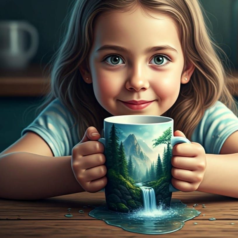 Young Girl Holds Ceramic Mug with Whimsical Waterfall Scene