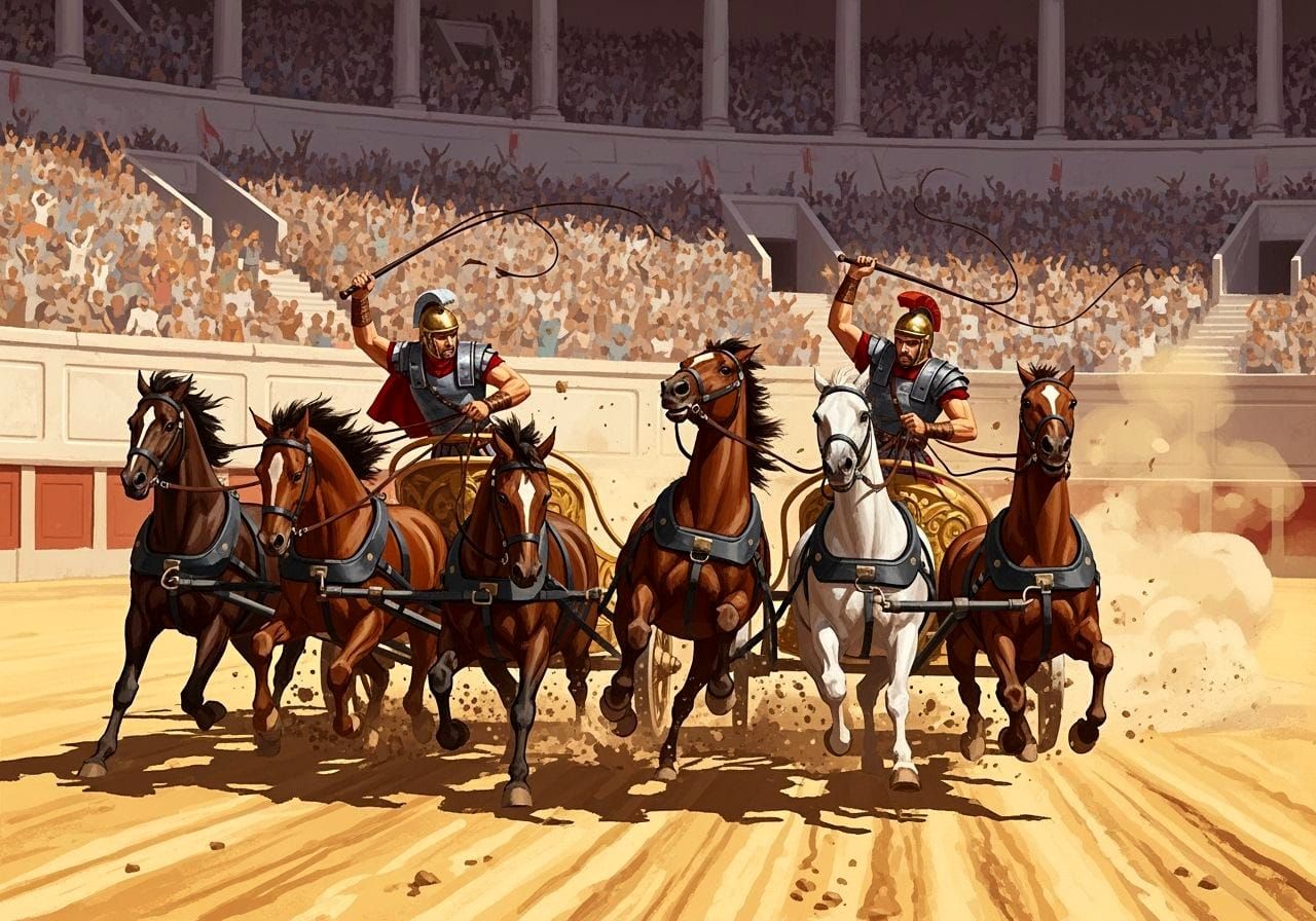 Chariot Race Collision at Circus Maximus in Dynamic Illustra...