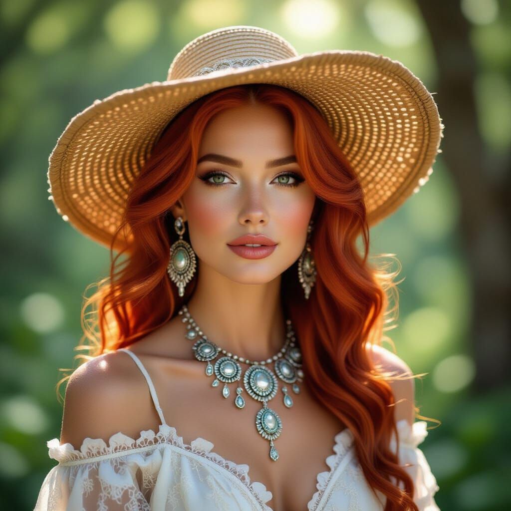 Red-Haired Woman in Sun-Dappled Forest, Fantasy Art Style