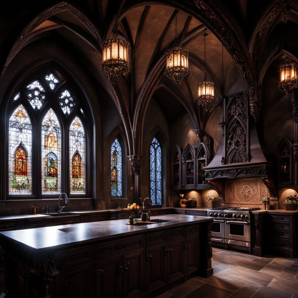 Modern Gothic Kitchen with Ornate Stone Carvings