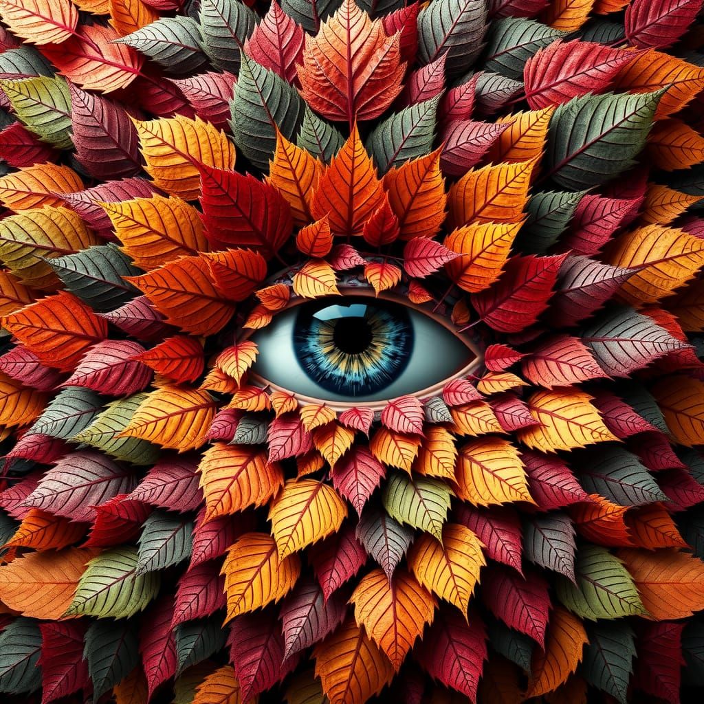 Abstract Eye Emerges from Autumnal Leaves