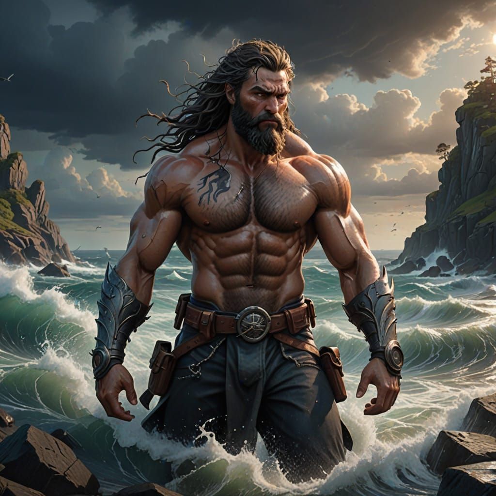 Muscular God Emerges from Turbulent Ocean Waves in Dramatic....
