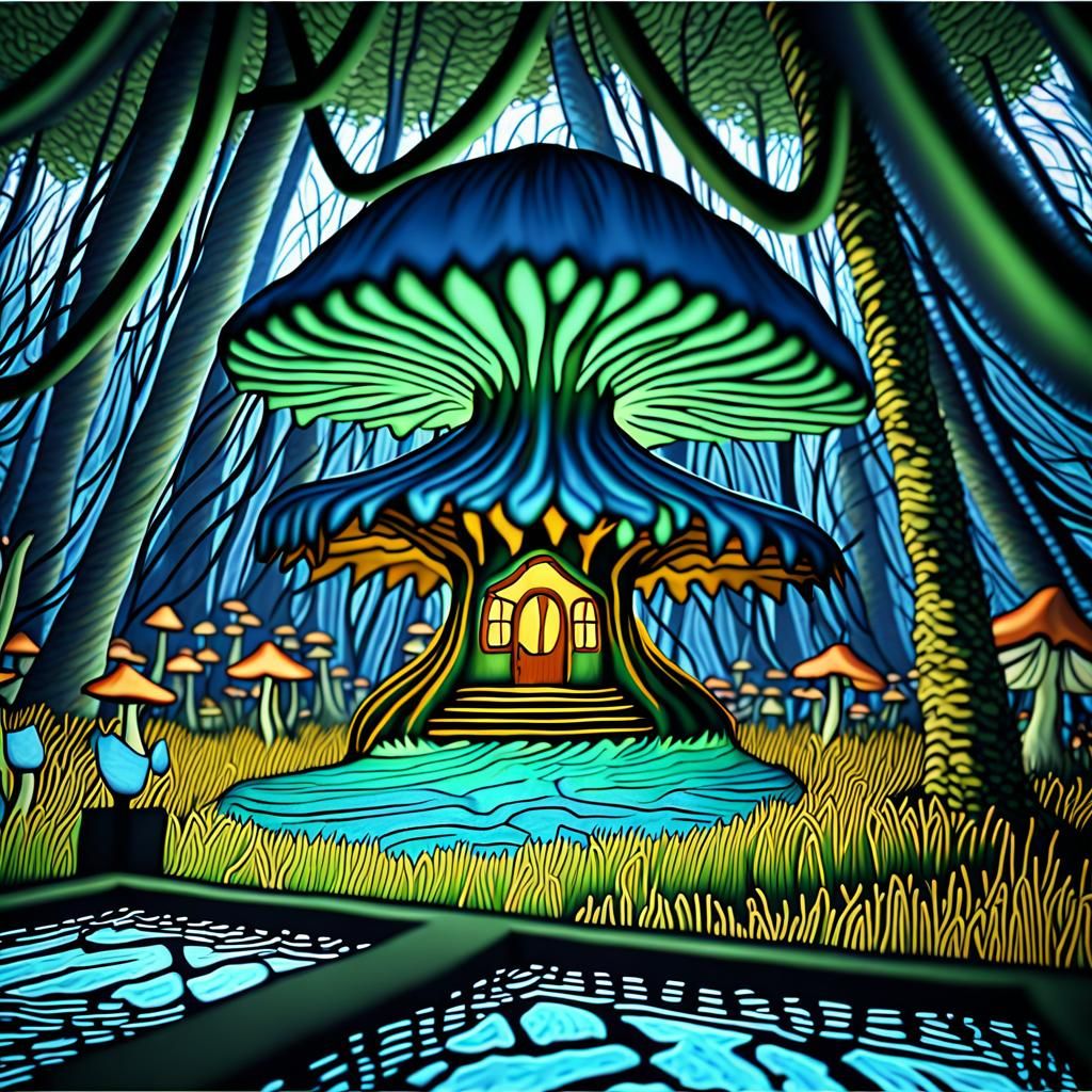 Fairy Mushroom House in Bioluminescent Forest