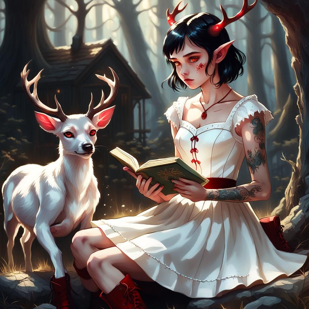 Elf Girl Reading: Fantasy Art in Oil Painting Style