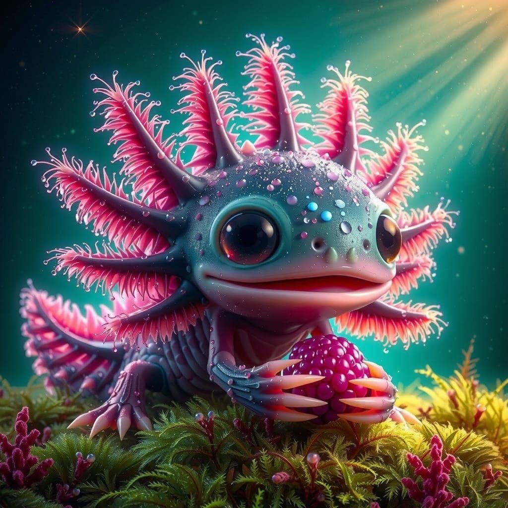 Axolotl-Tortoise Creature With Spiny Shell Holds Berry