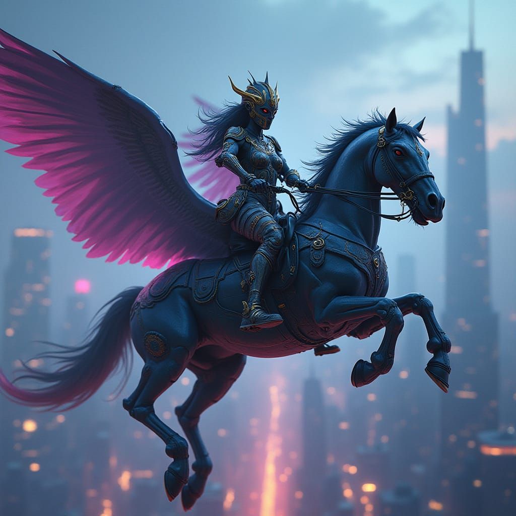 Valkyrie on Cybernetic Pegasus Soaring Over Neo-City