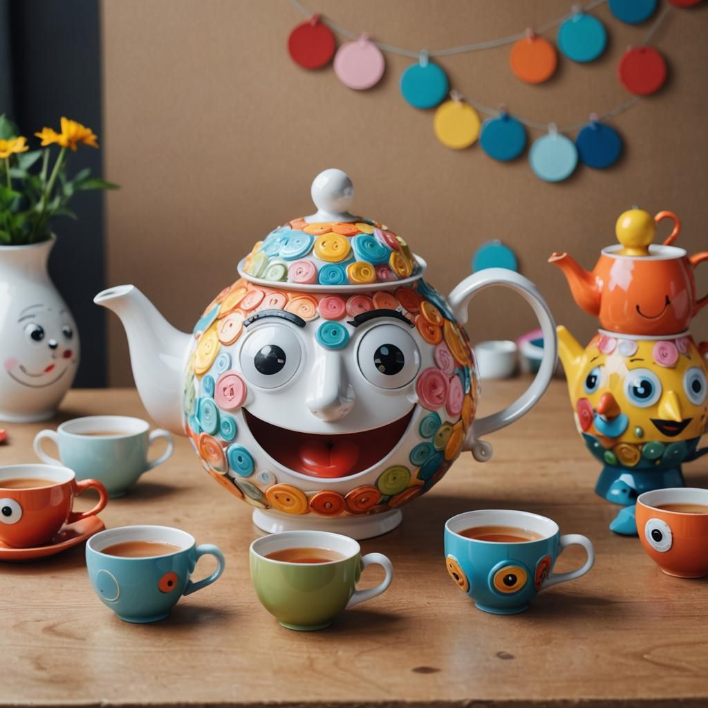 Whimsical Teapot Set with Facial Features in 8k