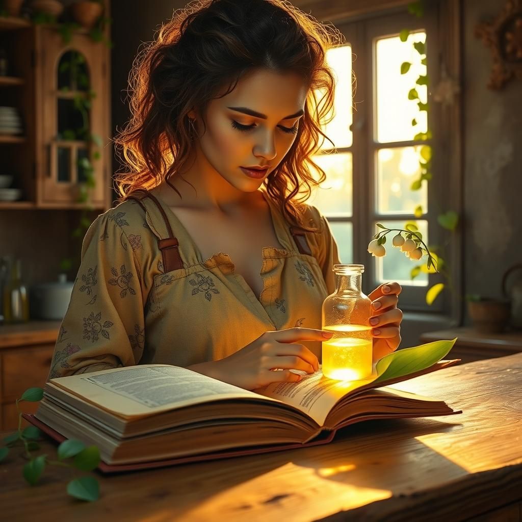 Enchanting Kitchen Witch with Glowing Potion, Oil on Canvas