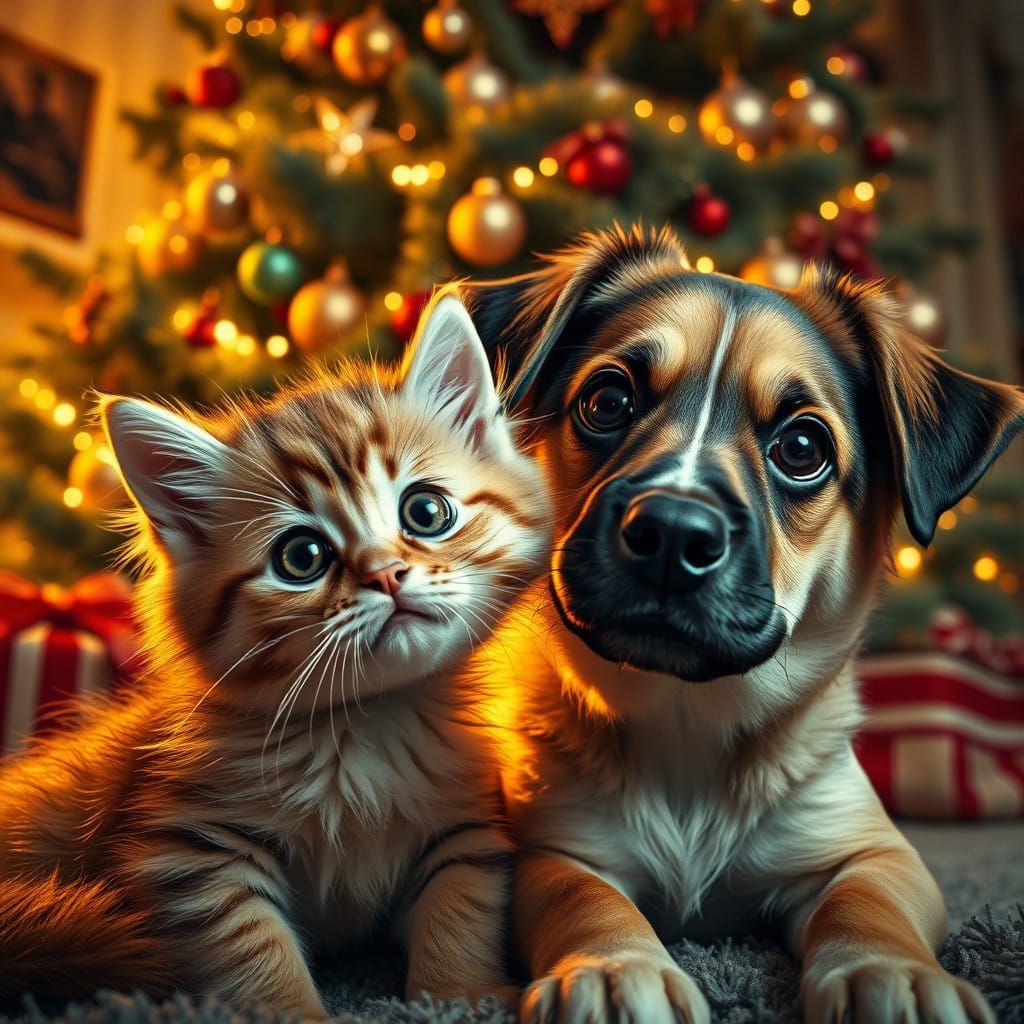 Whimsical Winter Wonderland Scene with Feline and Canine Fri...