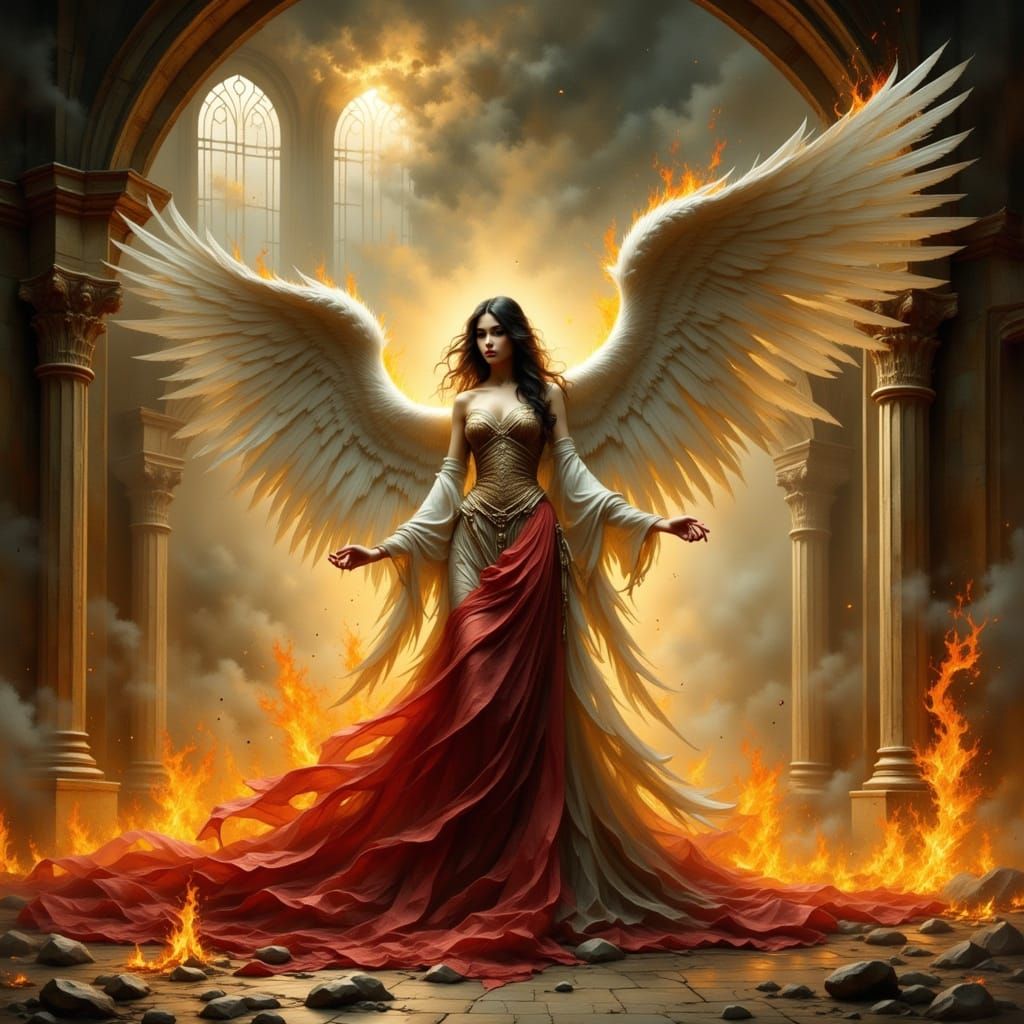 Fallen Angel in Burning Cathedral, Whimsy Pop Art Style