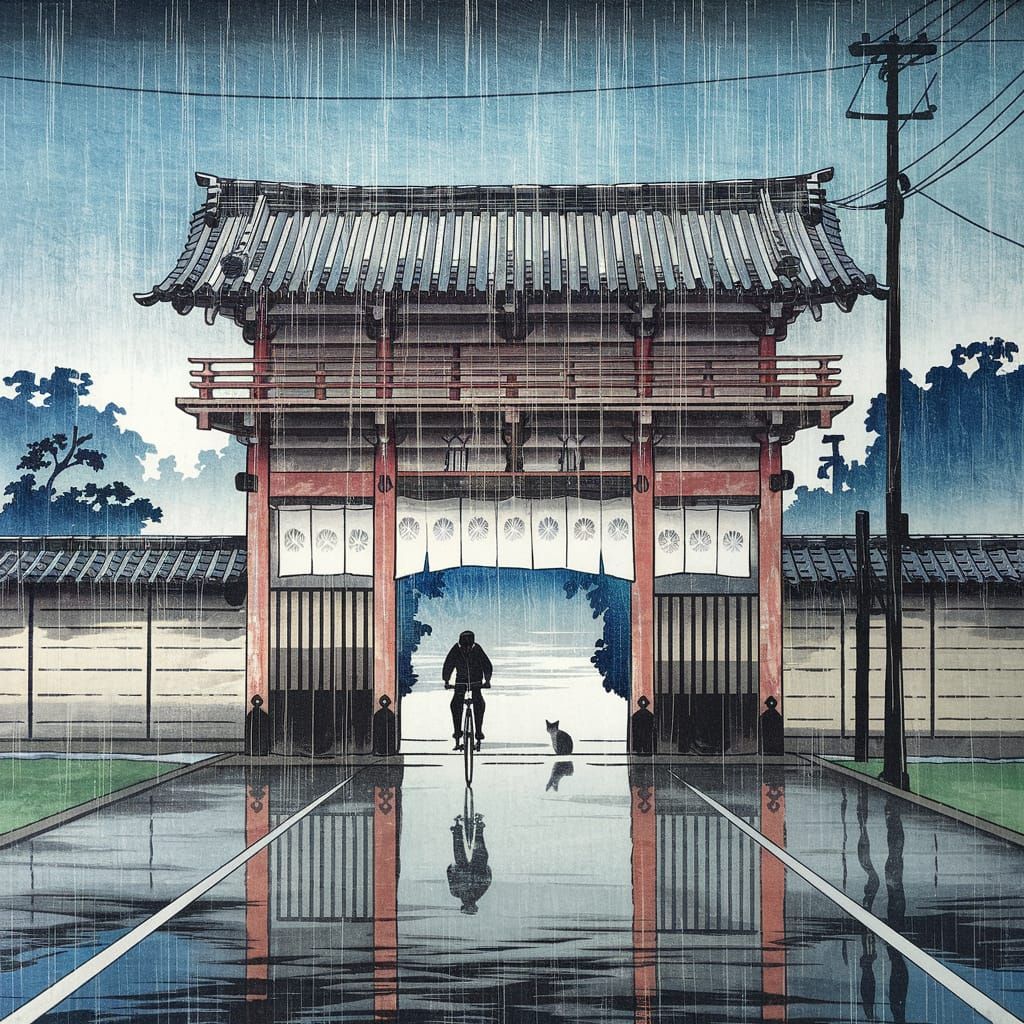 Shiba Daimon Gate in Japanese Woodblock Print Style