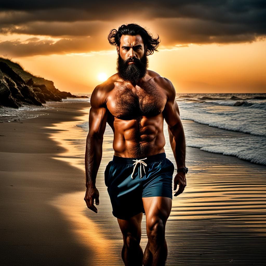 Bearded Man on Beach at Sunset, Hyperrealistic Style