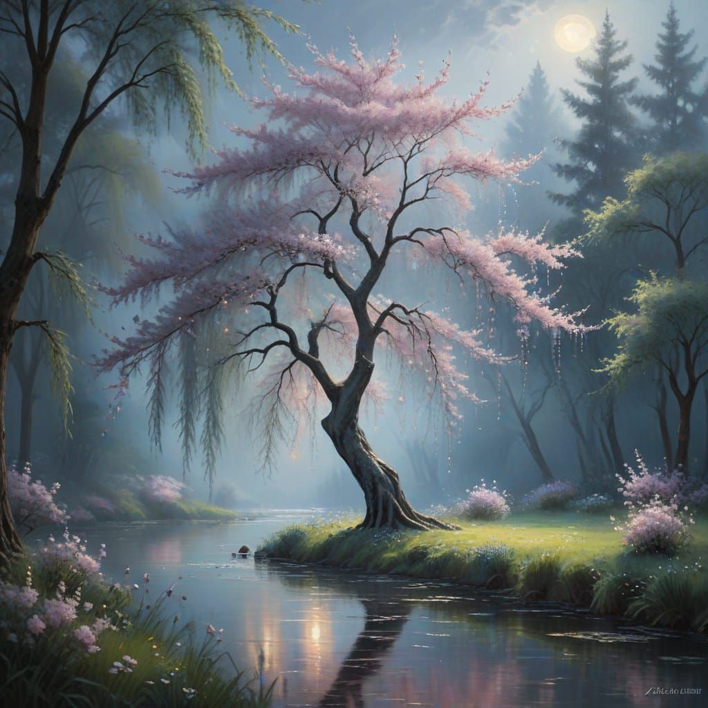 Cherry Blossom Weeping Willow in Dreamy Moonlight